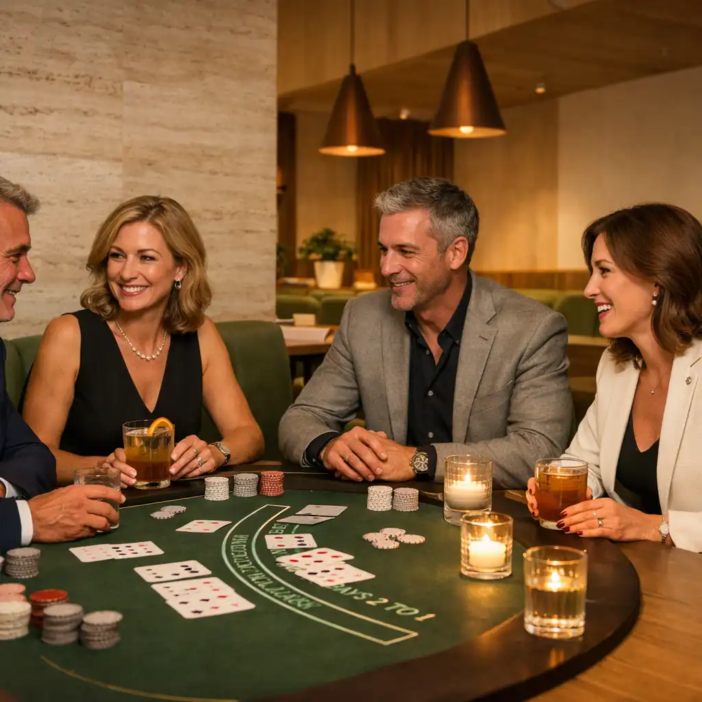 Eleganccy goście rozmawiają przy stole blackjacka z kartami i koktajlami w restauracji Sorvexya
