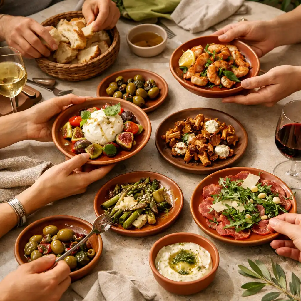 Dłonie gości dzielących się małymi talerzami przy jasnym restauracyjnym stole
