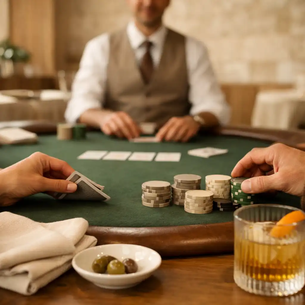 Dłonie gości, karty i neutralne żetony na pokerowym stole obok ceramiki i koktajlu
