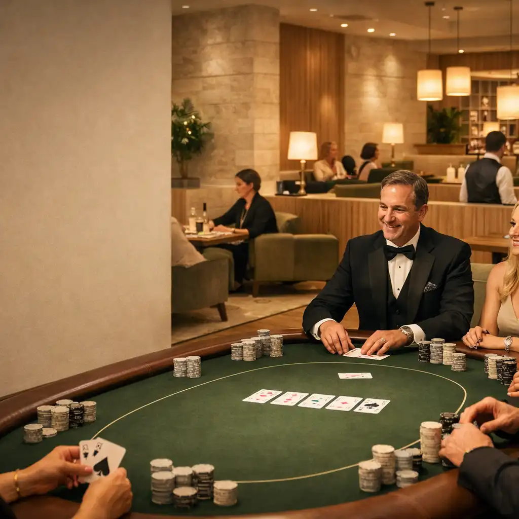 Goście i prowadzący przy fizycznym stole pokerowym w jasnym lounge'u restauracji Sorvexya