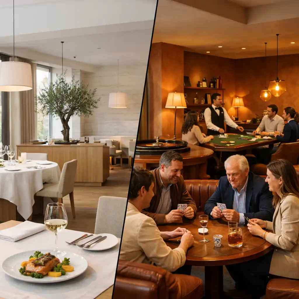 Jasna restauracja przechodząca w ciepły lounge z dorosłymi gośćmi przy wspólnych stołach