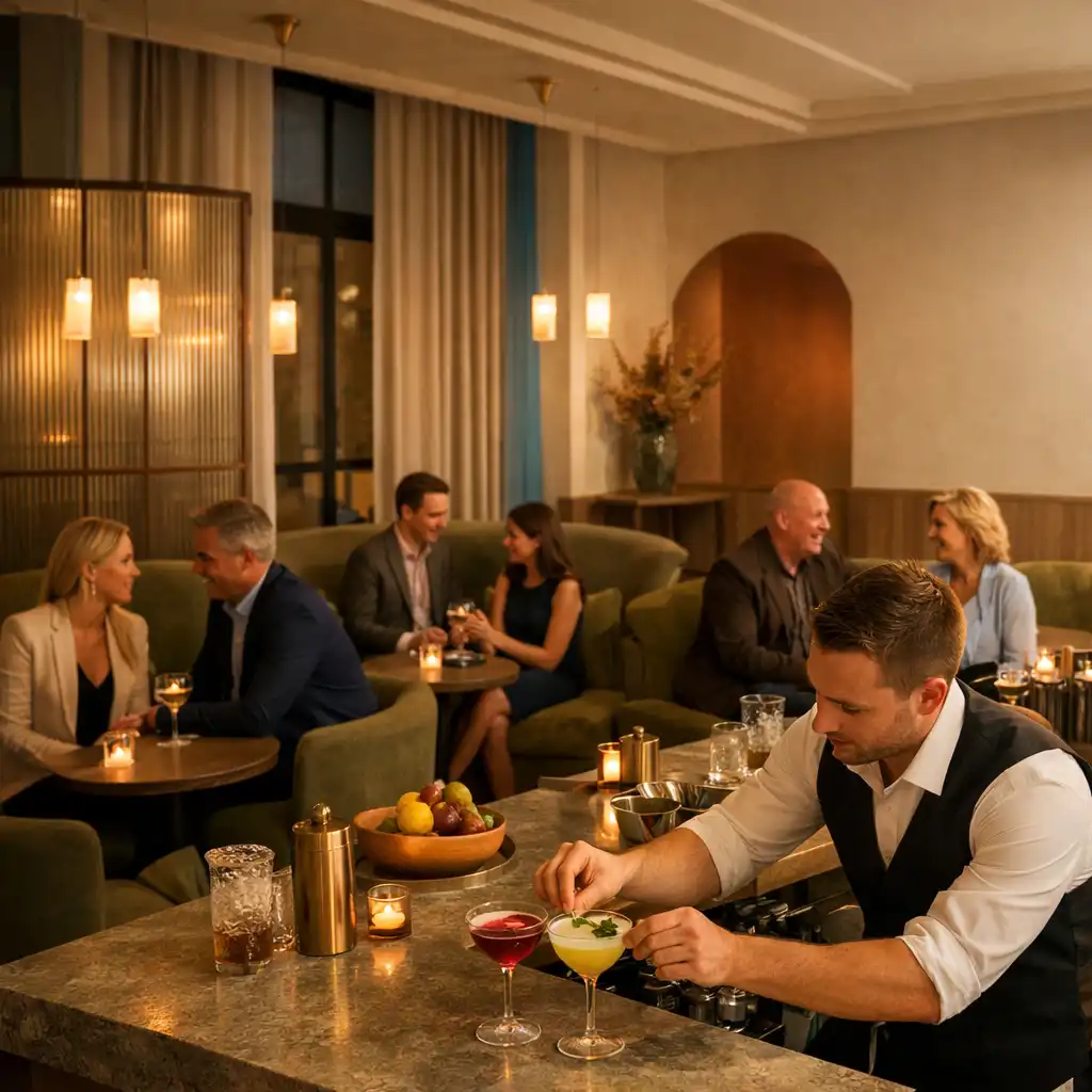 Barman przygotowuje koktajle, a goście rozmawiają w lounge’u.