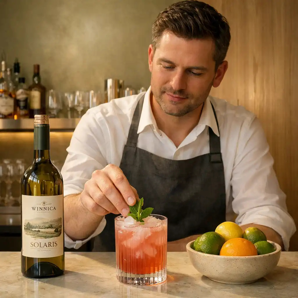Barman wykańczający koktajl przy jasnym kamiennym barze