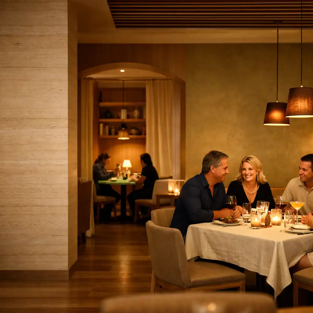 Goście przy kolacji i koktajlach w jasnym restauracyjnym lounge Sorvexya